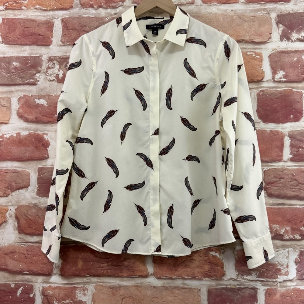 Lands End Top Women's 10P Multicolor Bird Feathers 100% Supima Career Work Shirt